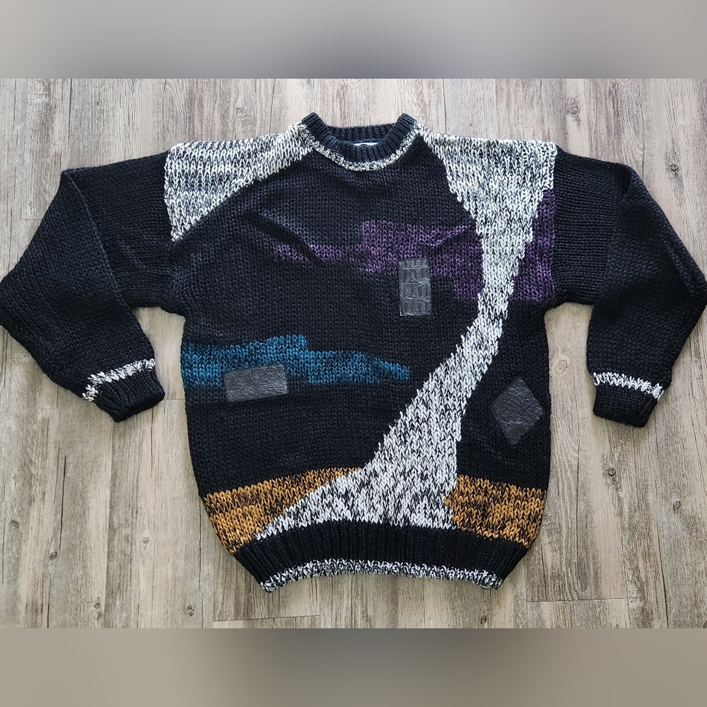 Vintage Code Zero Mens Geometric 1980 knit Sweater Leather Patch Large oversized